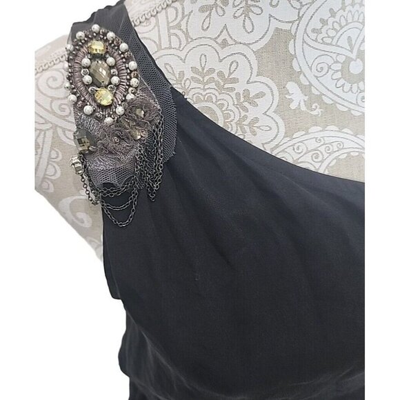 Eight Sixty Dress One Shoulder Black Mini Silk Embellishments Women's Medium - Picture 2 of 8